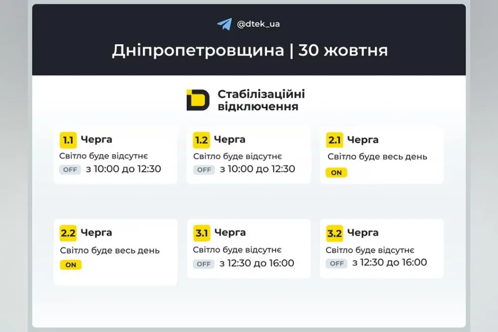 Графики отключений в Днепре на 30 октября: когда и сколько не будет электричества