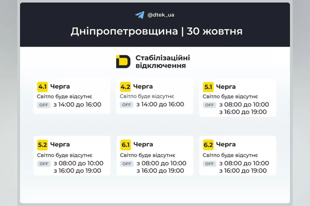 Графики отключений в Днепре на 30 октября: когда и сколько не будет электричества