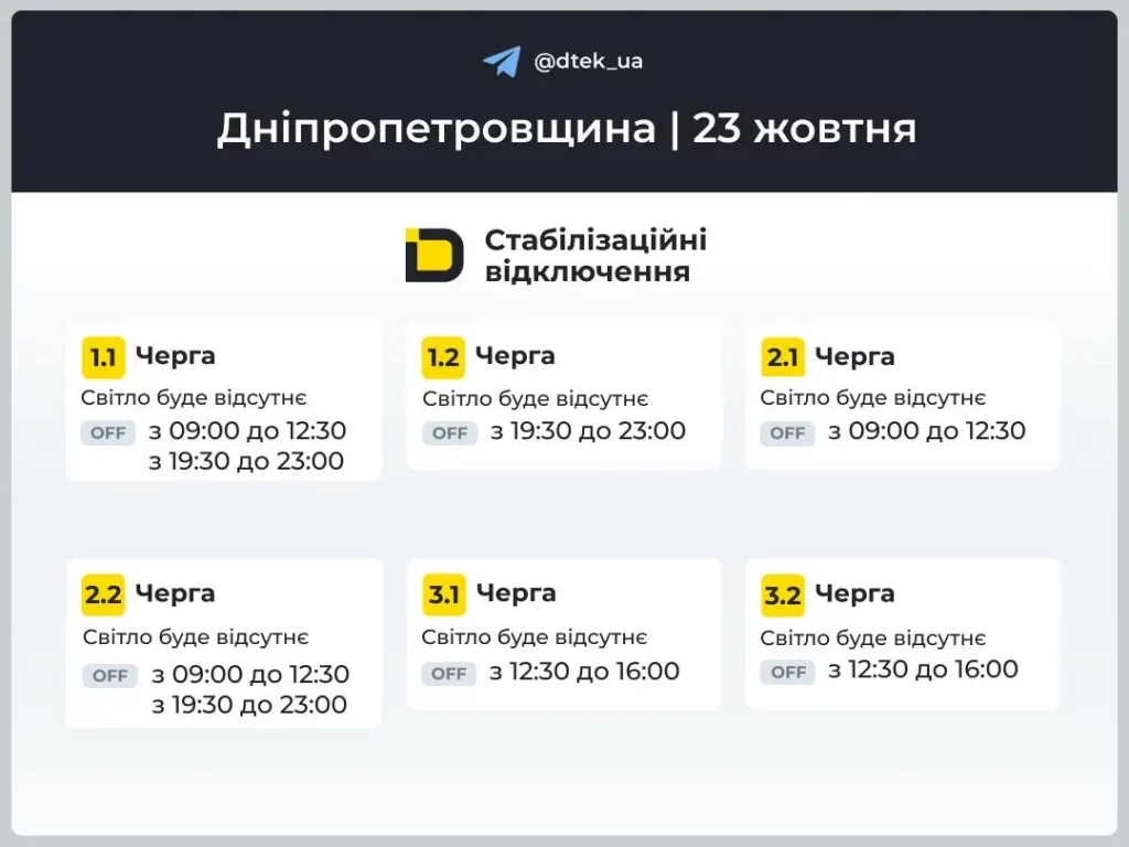 График стабилизационных отключений в Днепре 23 октября 2025 года: когда и где не будет света
