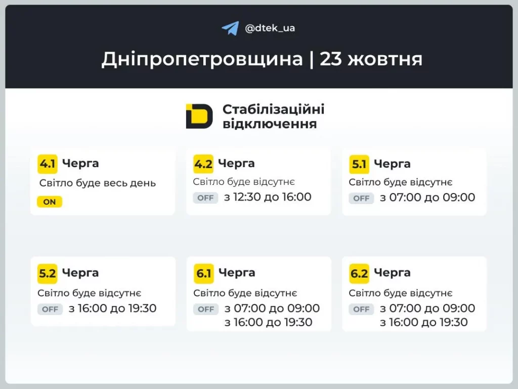 График стабилизационных отключений в Днепре 23 октября 2025 года: когда и где не будет света
