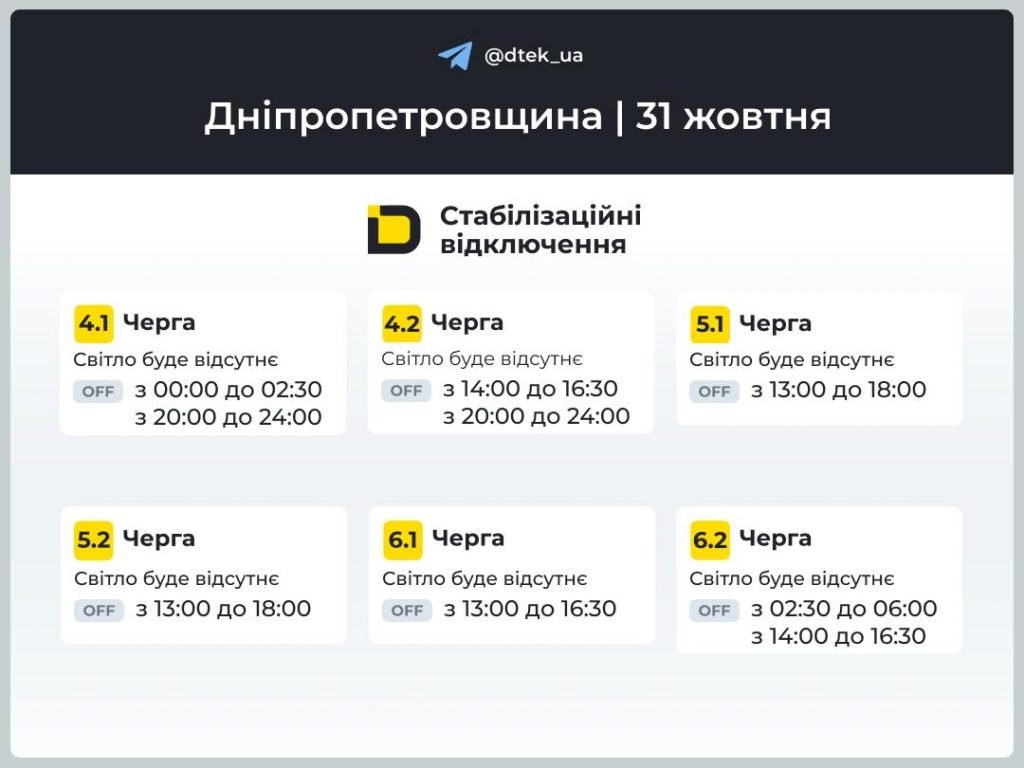 Графики отключений в Днепре на 31 октября: когда и сколько не будет электричества