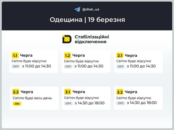 График отключений света Одесса 19 марта 2026: где не будет электроэнергии сегодня