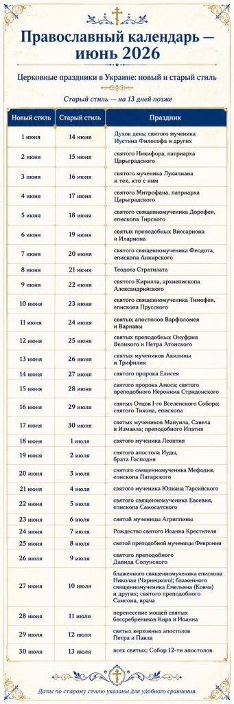 Православный календарь и церковные праздники июнь 2026 в Украине: новый и старый стиль