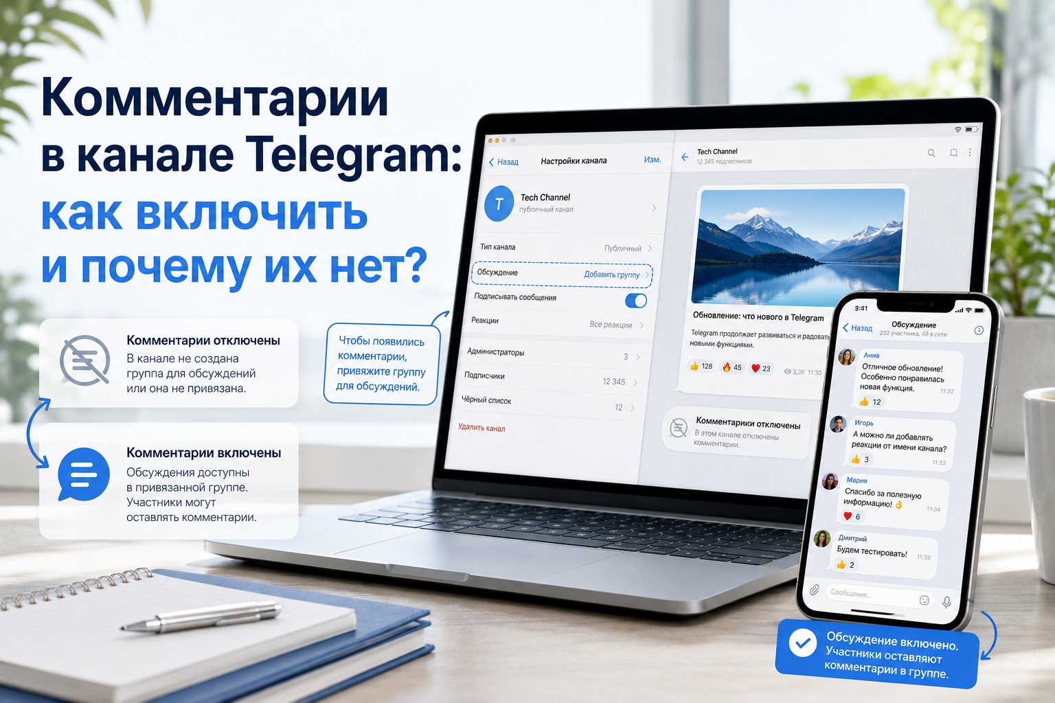 Как включить комментарии в канале Телеграм 2026: пошаговая инструкция для телефона и ноутбука