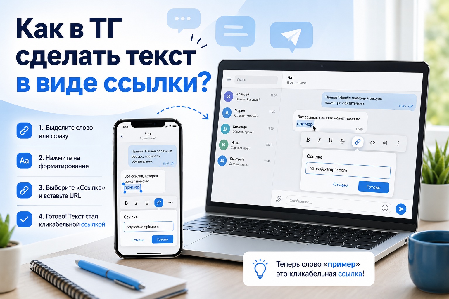Как вставить ссылку в слово в Телеграм 2026: пошаговая инструкция для телефона и ноутбука