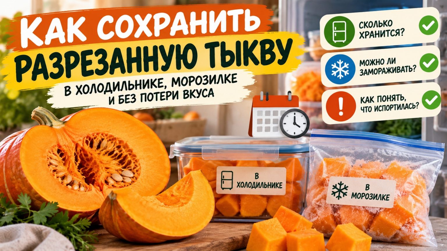 Как хранить разрезанную тыкву: сколько дней она лежит в холодильнике, можно ли замораживать и как определить порчу