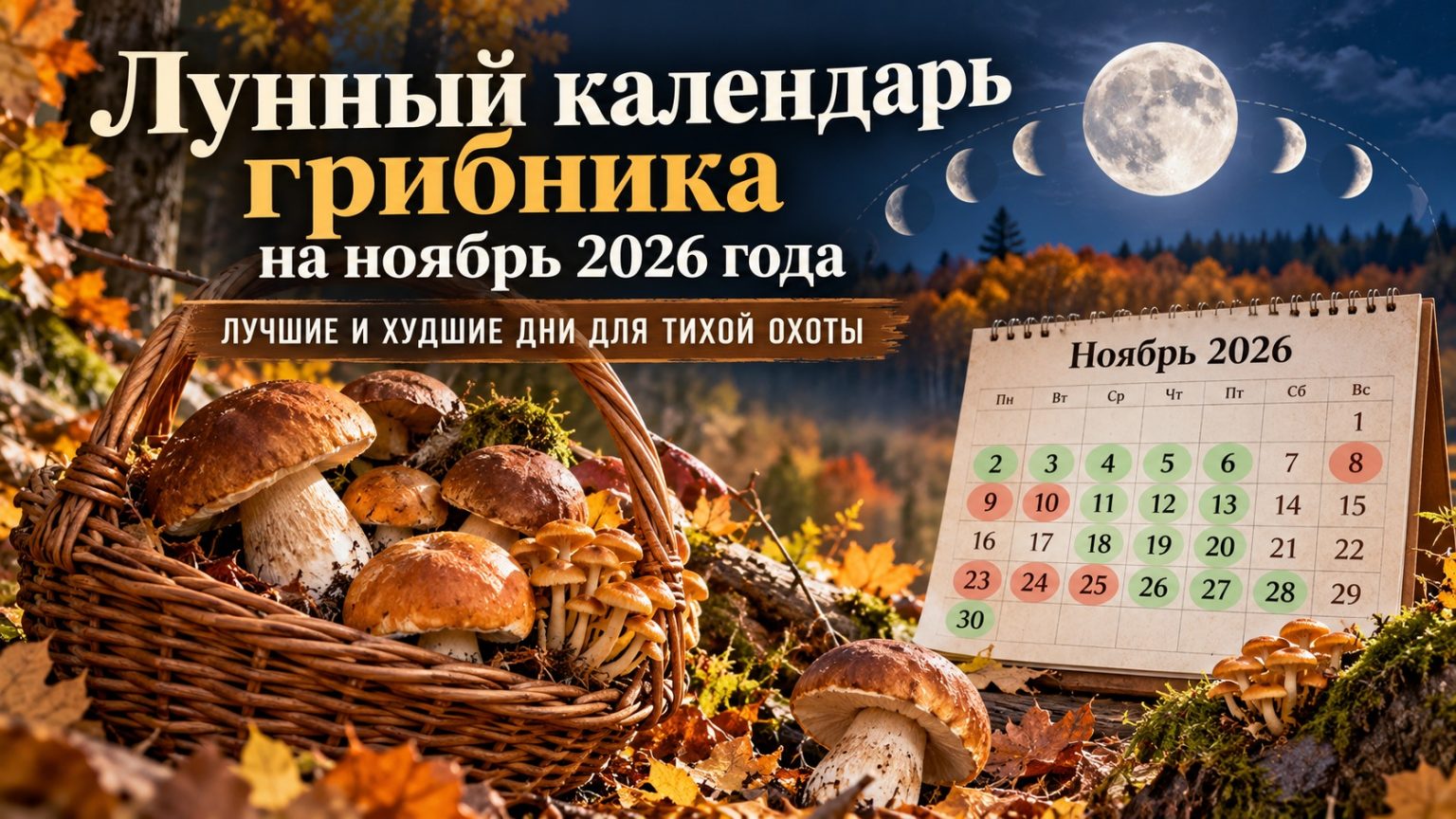 Лунный календарь грибника на ноябрь 2026 года: лучшие и худшие дни для тихой охоты