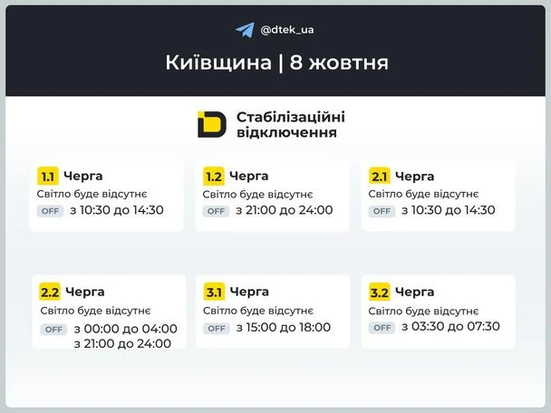 График отключений света в Киеве 8 октября 2026: где и когда не будет электричества сегодня