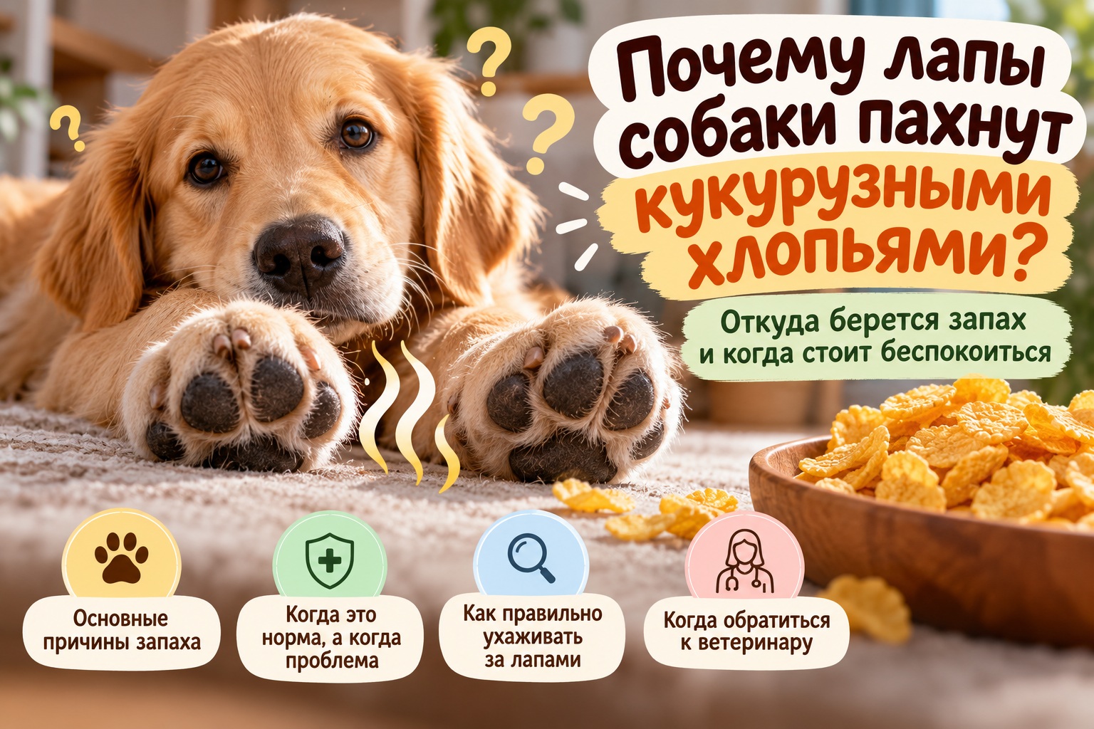 Почему лапы собаки пахнут кукурузными хлопьями: откуда берется необычный запах и когда стоит беспокоиться