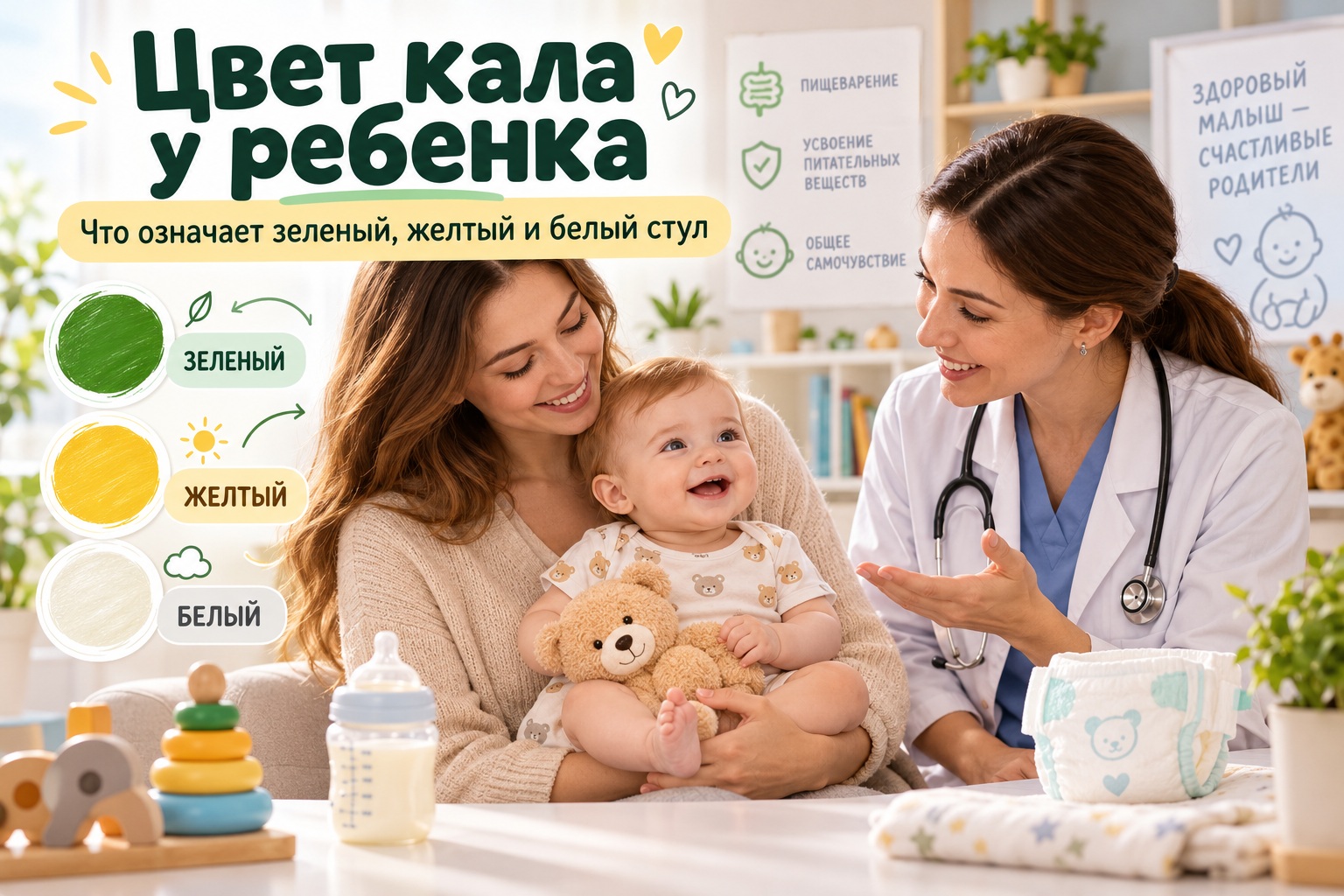 Цвет кала у ребенка: что означает зеленый, желтый и белый стул и когда нужен врач
