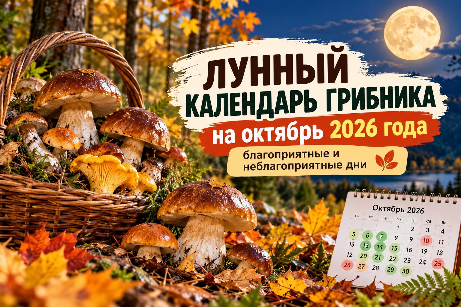 Лунный календарь грибника на октябрь 2026 года: лучшие и худшие дни для тихой охоты