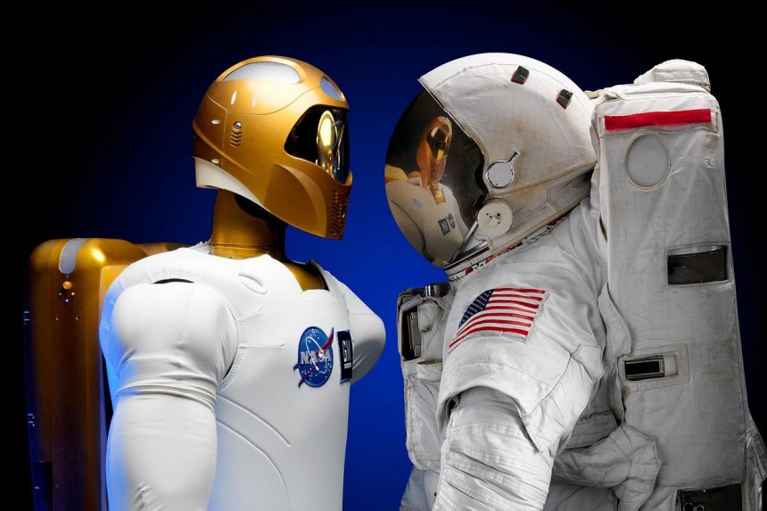 Робот Robonaut 2 и астронавт стоят лицом к лицу