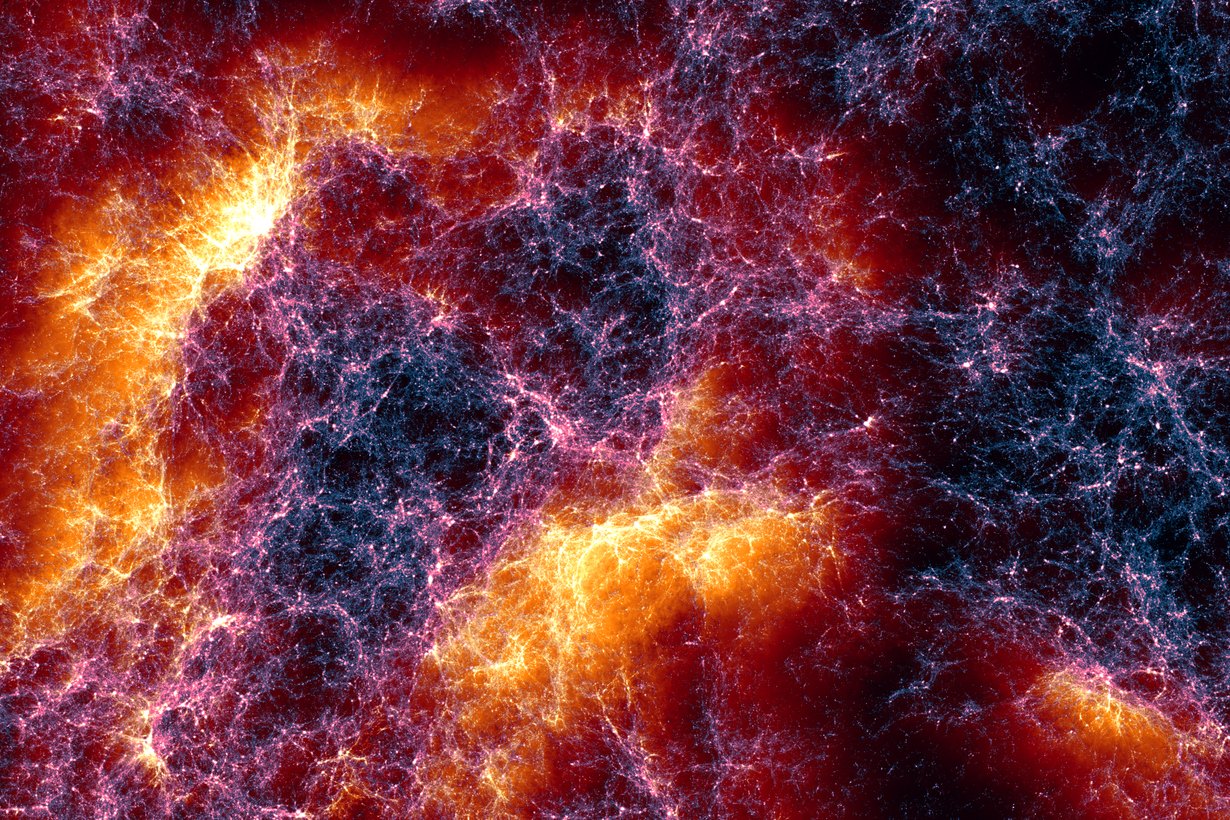 Космическая паутина из симуляции Lumina: нити темной материи и горячий газ между скоплениями галактик