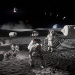 Иллюстрация NASA: лунная база у южного полюса Луны с жилыми модулями и роверами