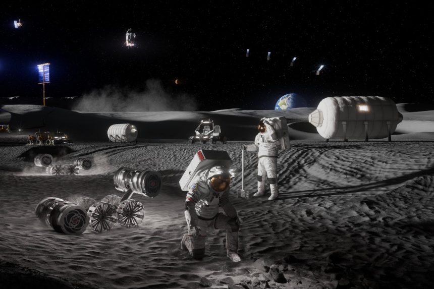 Иллюстрация NASA: лунная база у южного полюса Луны с жилыми модулями и роверами